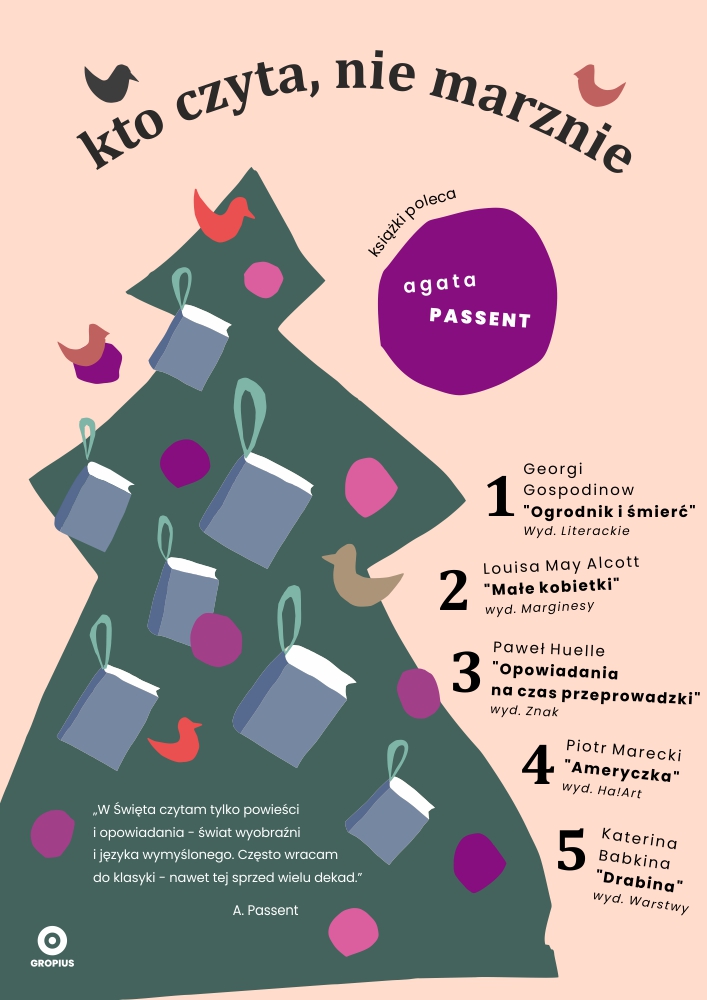 Plakat z listą książek polecanych przez Agatę Pasent